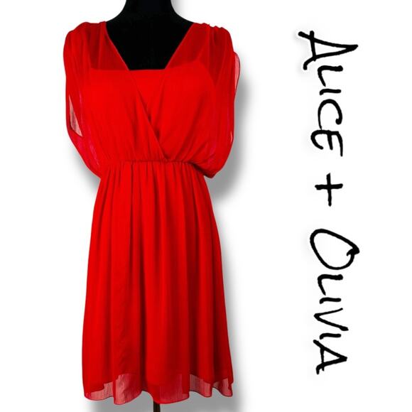 Alice + Olivia Red Silk Chiffon Sheer Silk Cut Out Blouson Dress Womens Sz XS - Picture 1 of 10